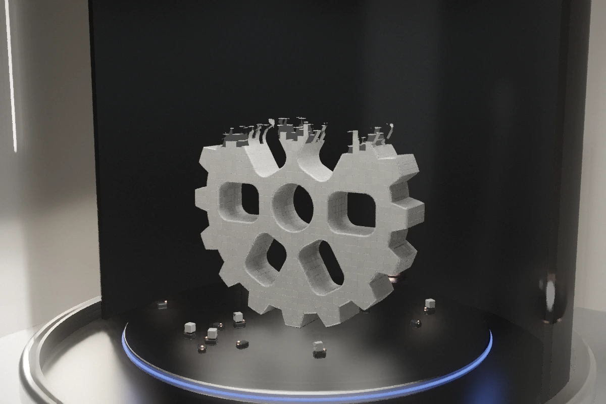 Concept render inside the dock's glass chamber, where tiny builders are adding blocks to a half-finished gear on the build plate