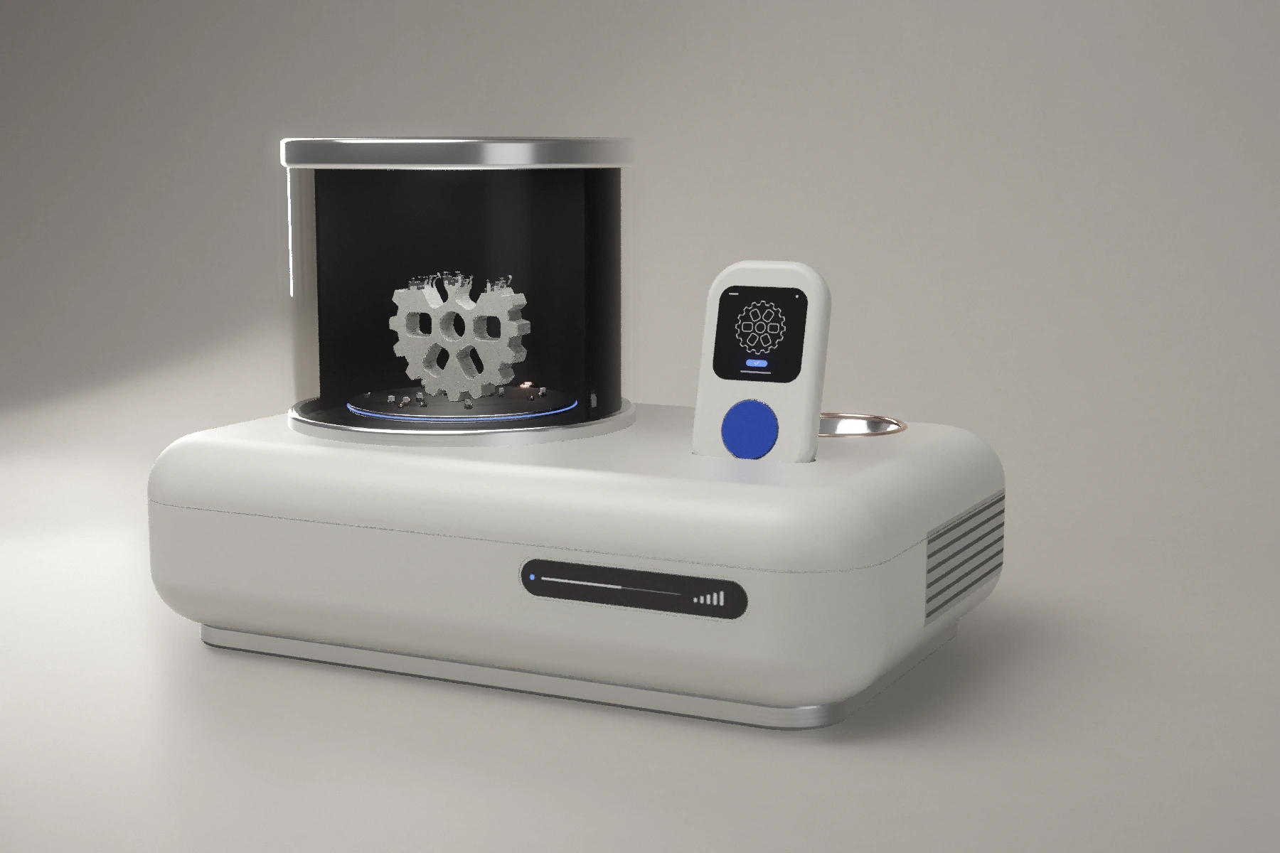 Concept render of the SRAM dock, a white desktop unit with a smoked-glass build chamber, with the handheld controller standing in its slot